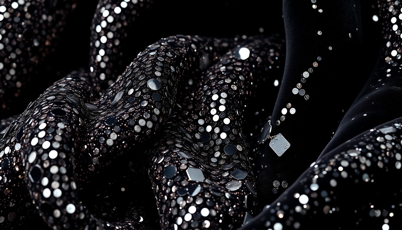 An extreme close-up photograph of shimmering, glittering textures in high contrast, evoking the glamour and drama of celebrity culture without depicting any identifiable people or objects.
