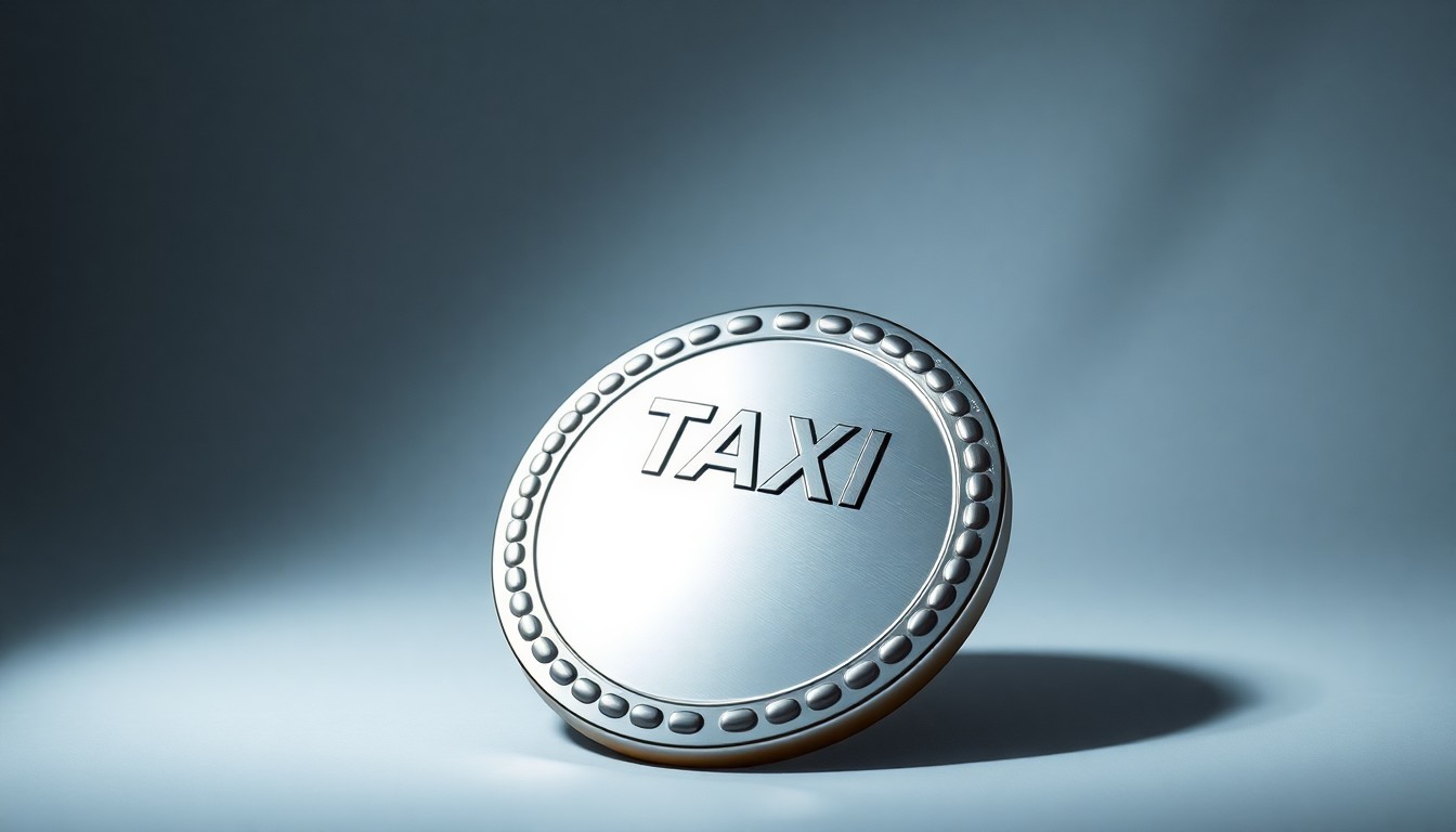 A close-up photograph of a shiny metal taxi medallion resting on a plain, monochromatic background, conveying the abstract corporate challenges facing the taxi industry in Chicago.