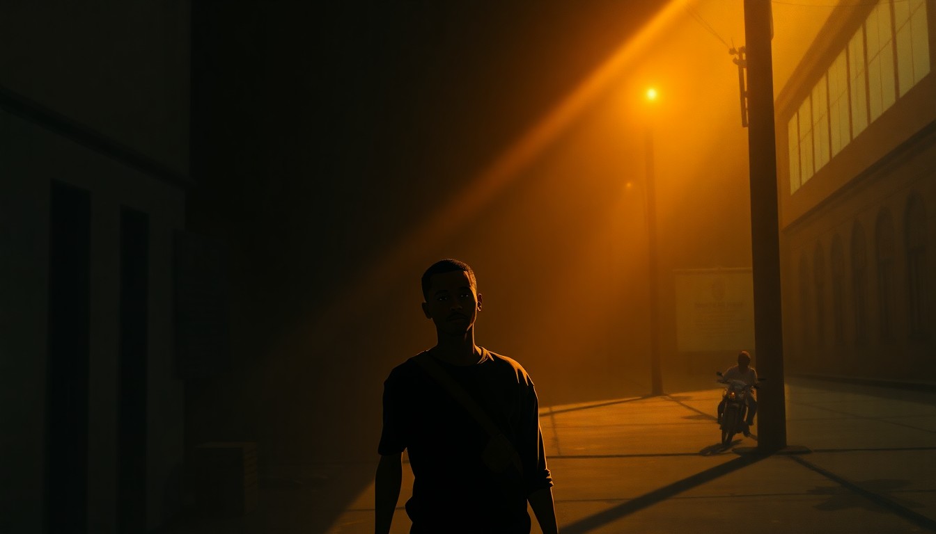 A moody, cinematic painting depicting a lone Haitian immigrant worker in a dimly lit urban setting, the warm light casting deep shadows across the scene and conveying a sense of uncertainty and resilience.
