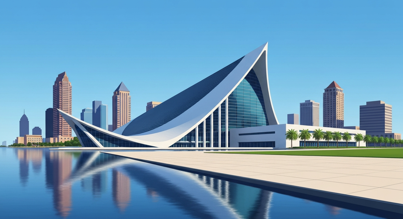 A bold, geometric illustration in the Art Deco style, depicting the sweeping architecture of the Tampa Convention Center against a backdrop of the city's skyline and waterfront. The image captures the monumental scale and importance of the venue to Tampa's identity.
