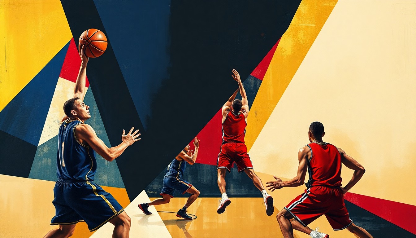 A cubist-style painting depicting an abstracted basketball game, with the players' forms broken down into sharp, overlapping geometric shapes in a vibrant color palette, capturing the energy and movement of the sport.