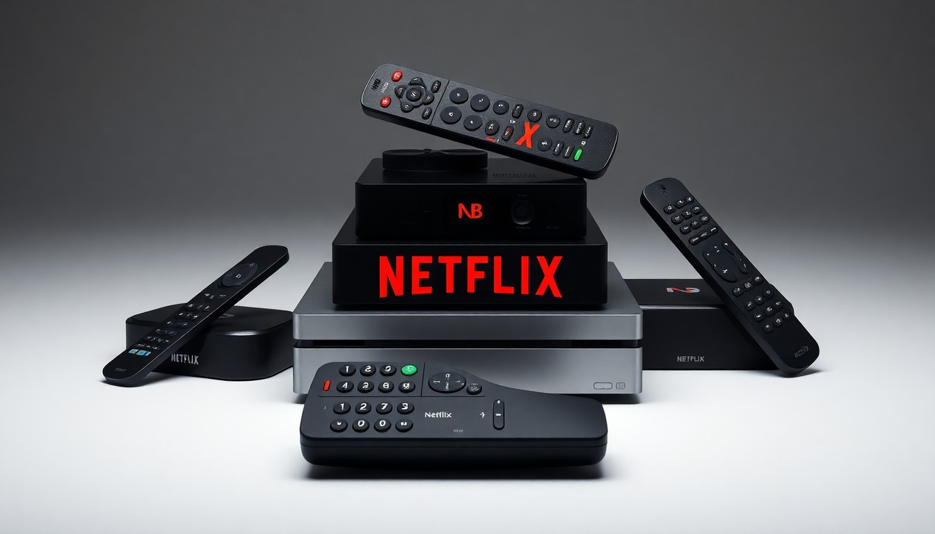 A high-end, photorealistic studio still-life featuring a stack of sleek, minimalist Netflix streaming devices and remote controls arranged on a clean, monochromatic background, conveying the company's technological innovation and market position.