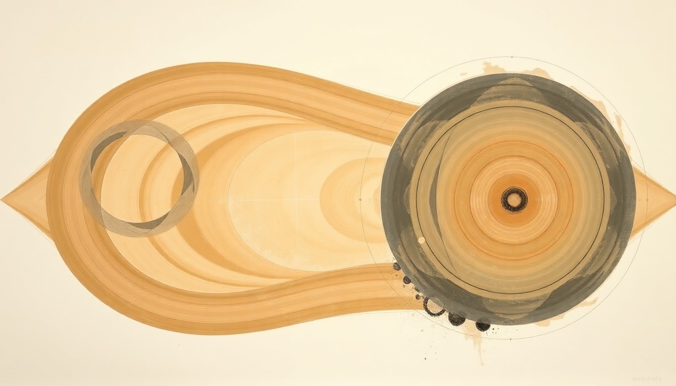 A bold, abstract painting in muted earth tones featuring sweeping geometric arcs, concentric circles, and precise spirals, visualizing the complex forces and concepts of lunar exploration without any text or identifiable elements.