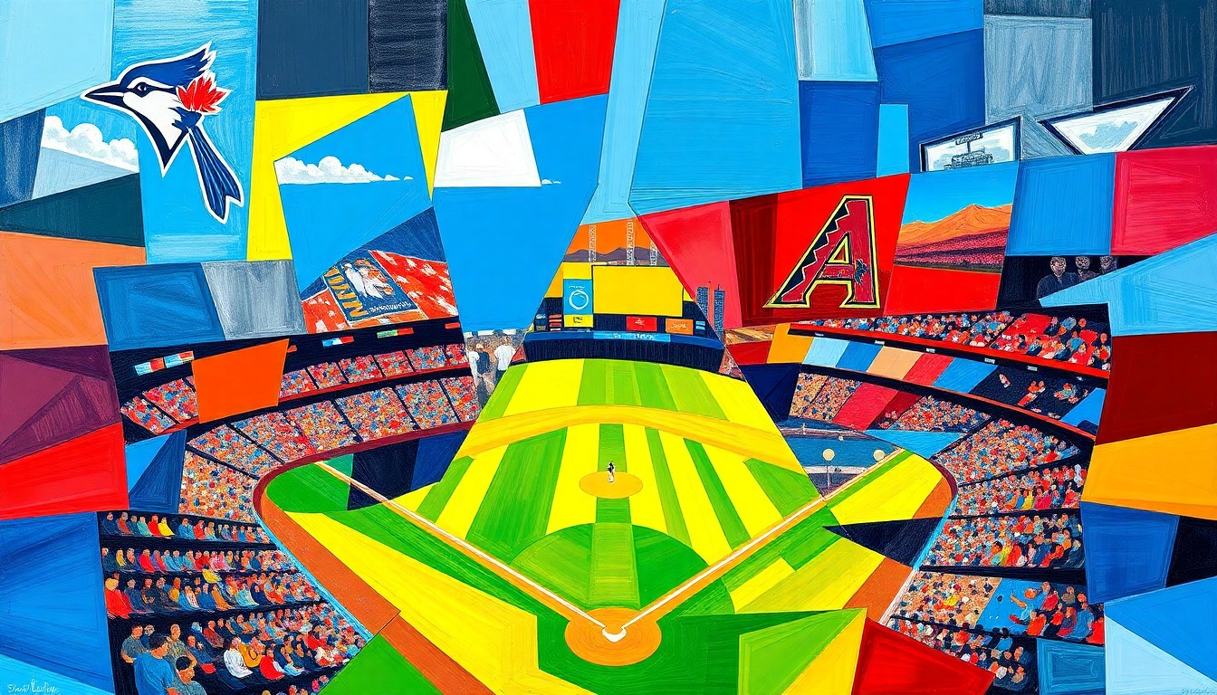 A fragmented, geometric painting depicting the action and energy of a baseball game, with sharp planes of color representing the players, field, and stadium.