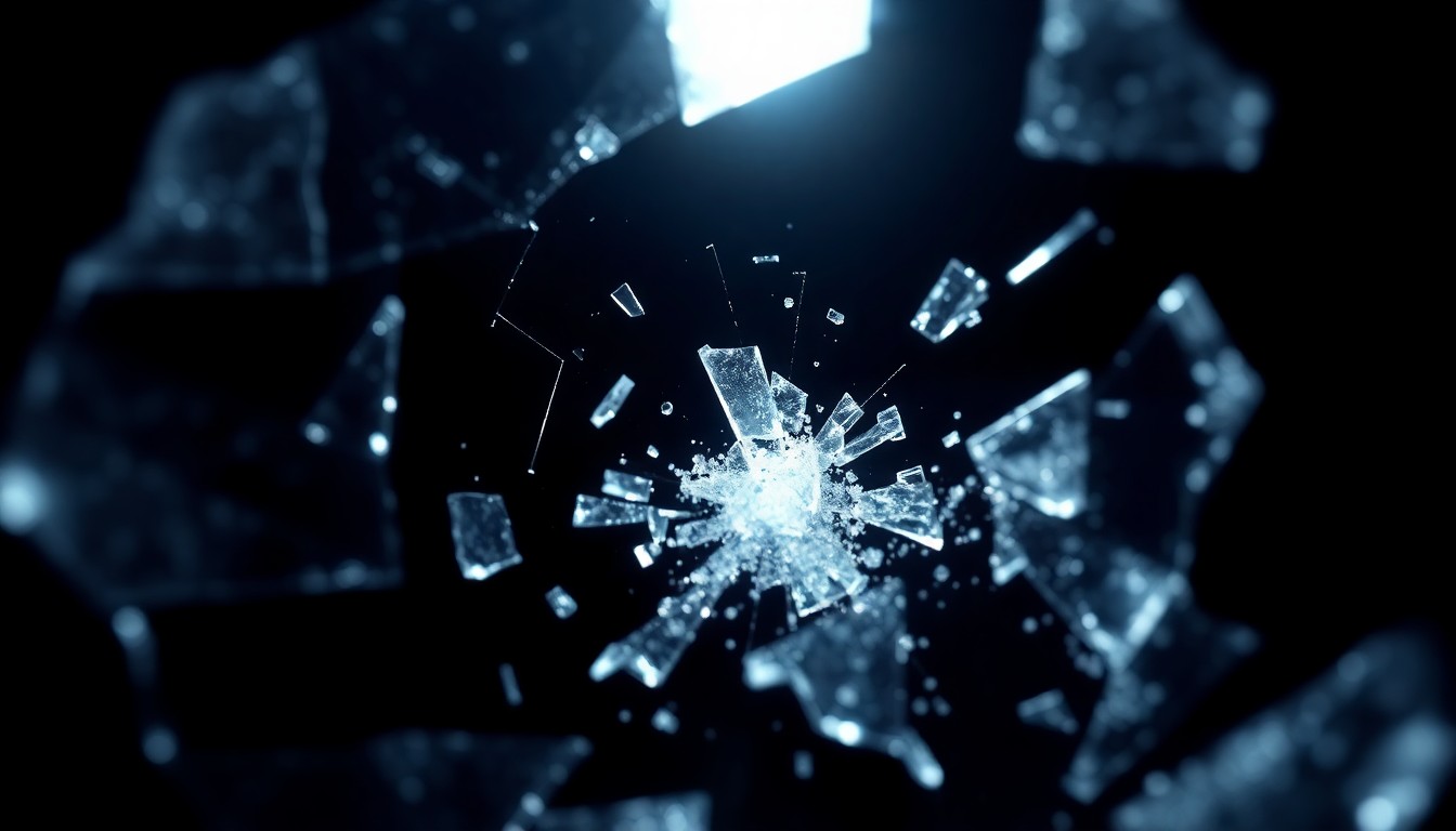 An extreme close-up photograph of a shattered glass or broken object related to the crime scene, lit by a harsh, direct camera flash against a pitch-black background, conceptually illustrating the gritty, investigative nature of this tragic incident.