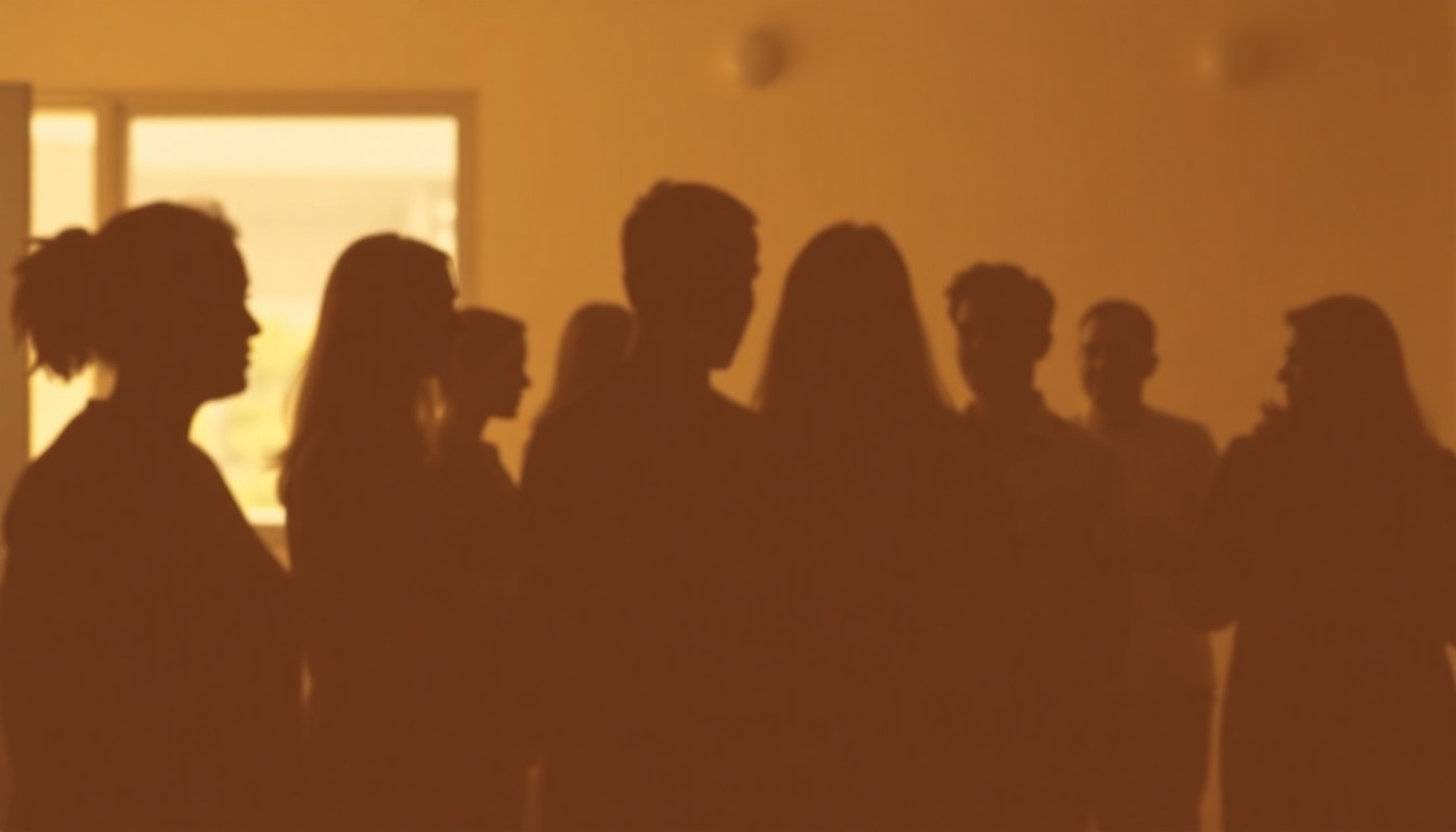 An abstract, out-of-focus photograph in soft, warm tones depicting the silhouettes of several people in a healthcare setting, conveying a sense of care and community through their gestures and interactions.