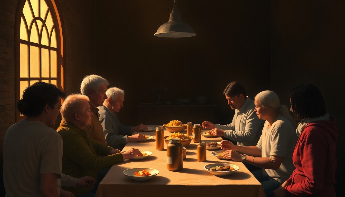 A dimly lit, cinematic painting of people gathered around a table in a church basement, sharing a meal together in a contemplative, nostalgic scene.