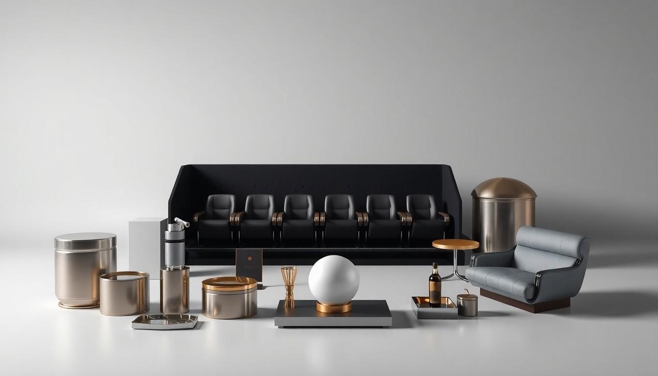 A photorealistic studio still life featuring a collection of polished, geometric objects in muted tones, representing the luxury seating, concessions, and architectural upgrades planned for the Pensacola Bay Center revamp.