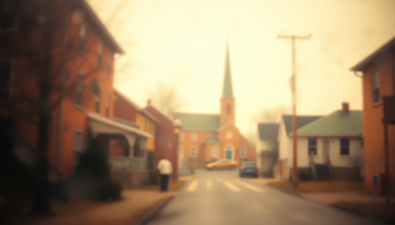 An extremely blurred and abstracted photograph of a small-town neighborhood street, with the faint outline of a church steeple visible in the distance, conveying a sense of nostalgia and community.