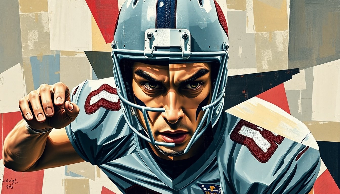A fragmented, geometric painting depicting the determined expression and athletic movements of a football player, rendered in Picasso's cubist style.