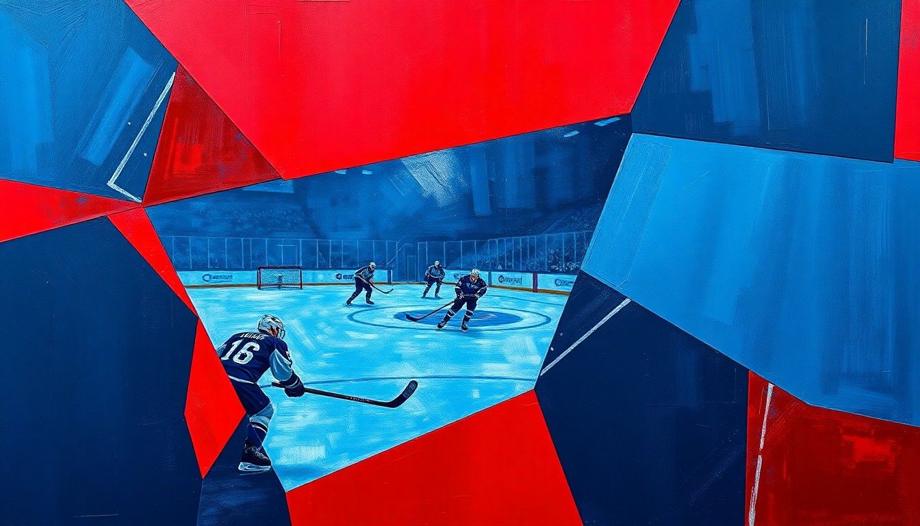 A cubist, geometric painting depicting an abstract hockey game, with sharp planes of navy, red, and silver overlapping to create a fragmented, multi-perspective scene.