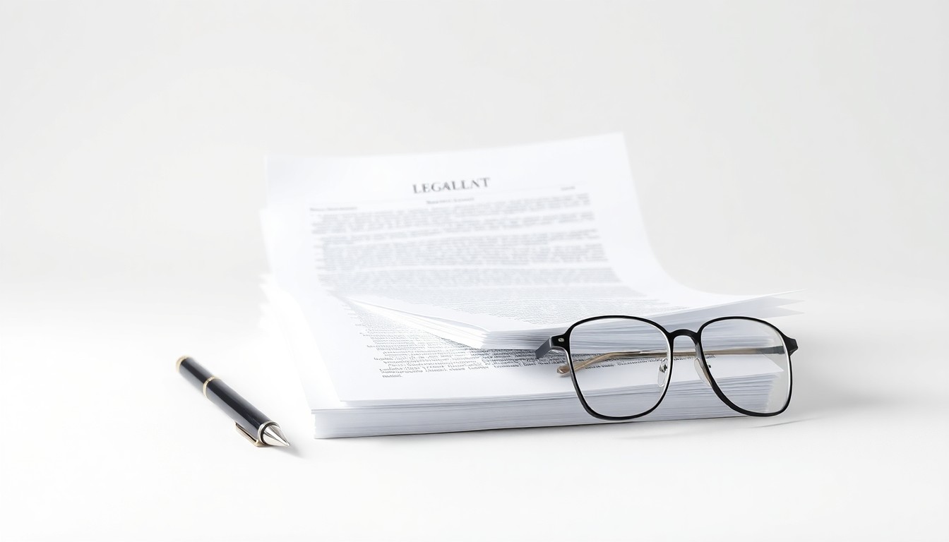 A photorealistic studio still-life image featuring a stack of legal documents, a pen, and a pair of eyeglasses on a clean, monochromatic background, representing the legal and regulatory aspects of the financial services industry.