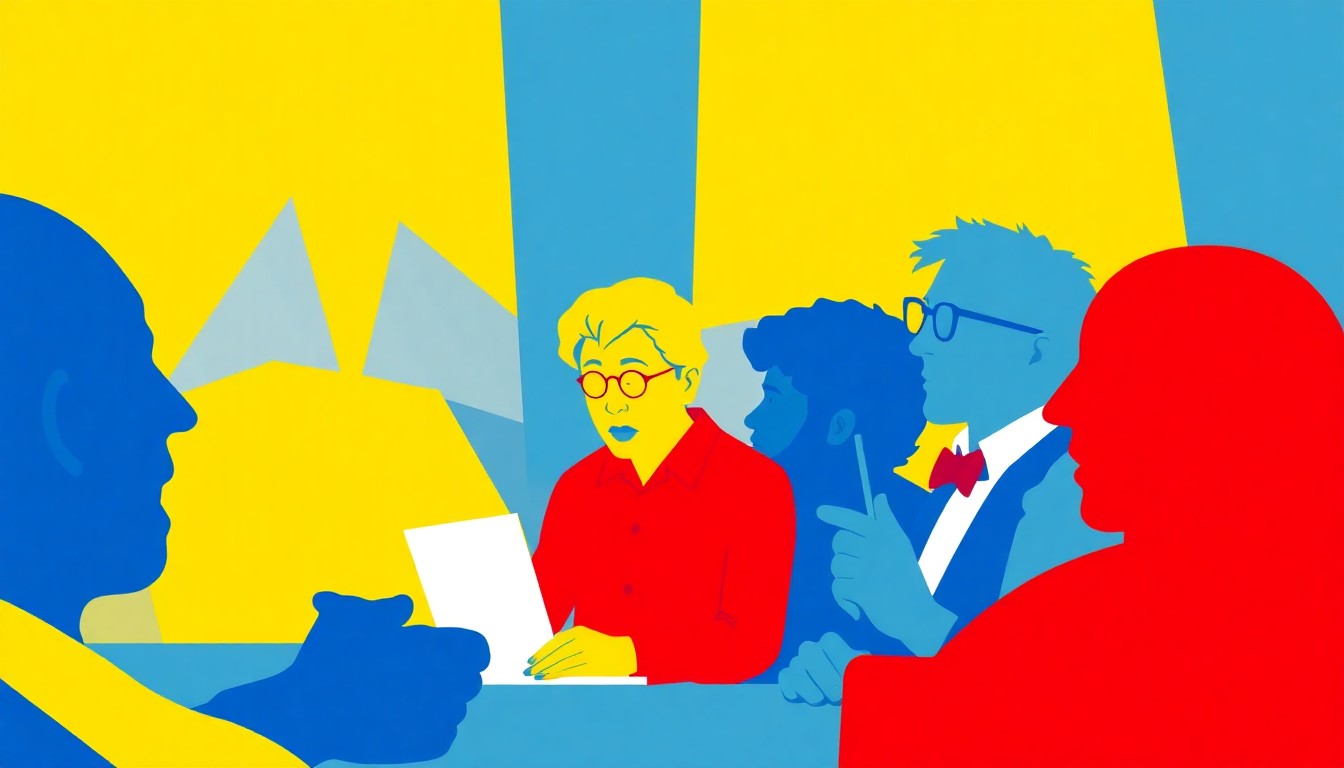 An abstract, minimalist illustration composed of bold, jagged geometric shapes in shades of blue, yellow, and red, capturing the competitive spirit and quirky characters of a spelling bee competition.