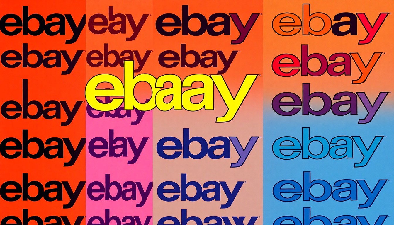 A brightly colored, high-contrast silkscreen print of the eBay logo repeated in a tight grid pattern, using vibrant neon colors and heavy black outlines to transform the iconic e-commerce brand into a modern pop art piece.