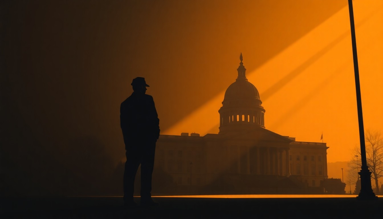 A dimly lit, cinematic painting of a government building or political figure, with warm light and deep shadows creating a pensive, nostalgic mood.