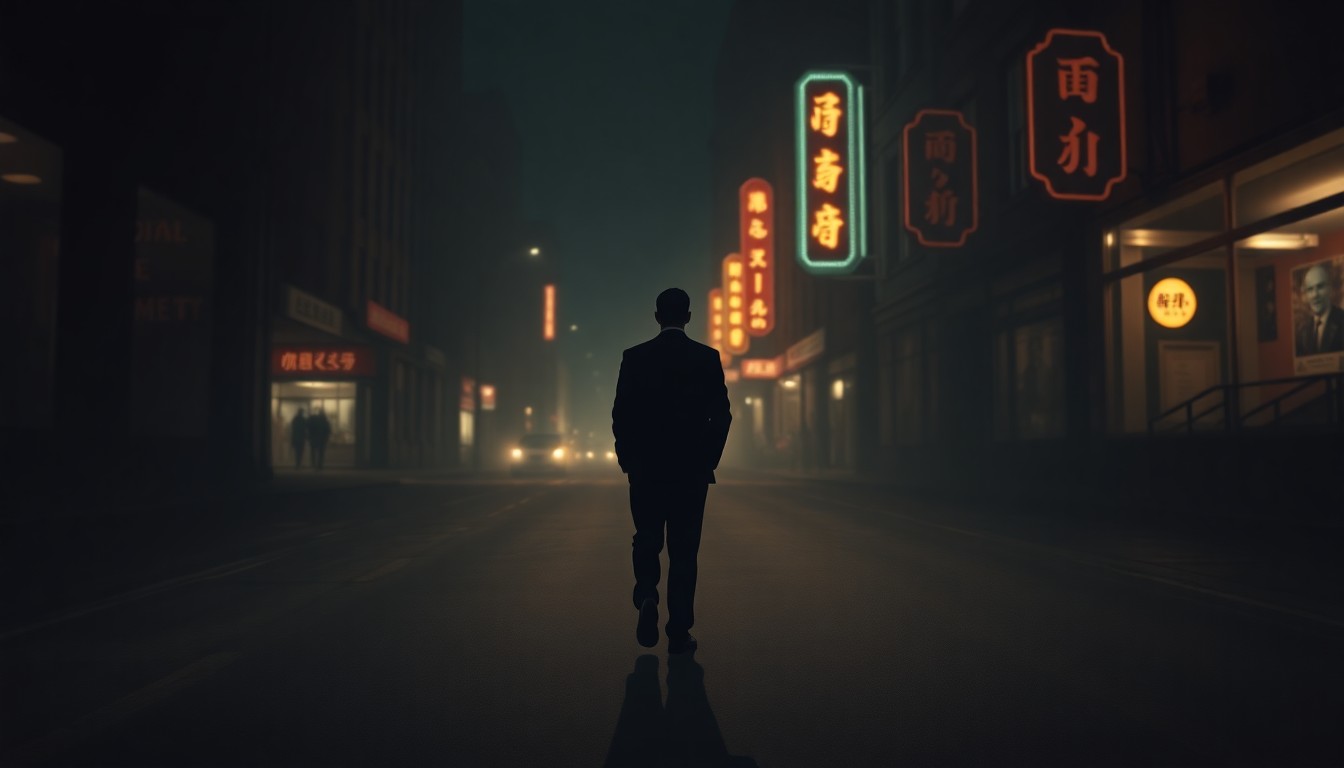 A moody, cinematic painting depicting a lone figure in a suit standing on a dimly lit city street, with neon signs casting a warm glow in the background, conceptually representing the ongoing political influence of the former president.