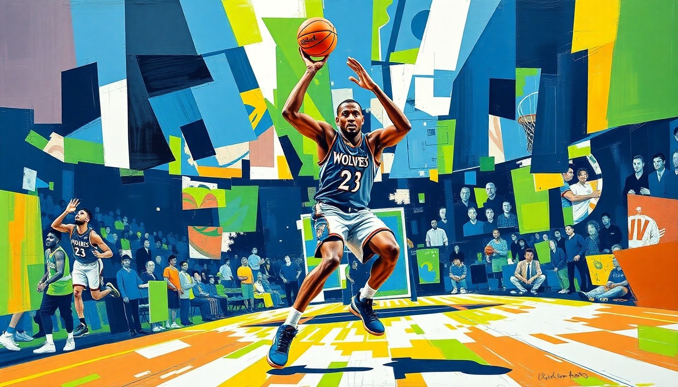A cubist, geometric painting depicting a basketball game with Mike Conley in action, broken down into overlapping planes of navy blue, lime green, and white, capturing the dynamic energy of the sport.