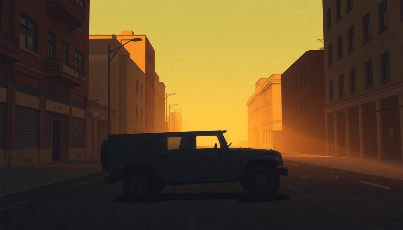 A photorealistic painting of an abandoned military vehicle sitting alone on a quiet urban street, with warm sunlight casting long shadows across the scene, conveying a sense of melancholy and unease.