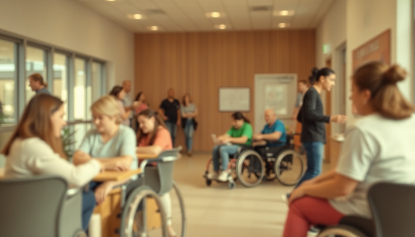 An abstract, out-of-focus photograph showing a group of people with disabilities interacting and participating in various activities within a warm, inviting space, conceptually representing the inclusive and supportive environment of the new Richmond Centre for Disability facility.