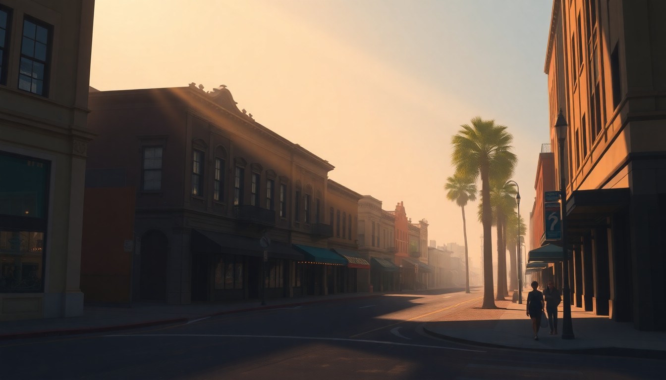 A serene, nostalgic painting of a downtown Riverside street scene, with a lone pedestrian walking past a row of historic buildings in warm, golden light and deep shadows, capturing the city's blend of past and present.