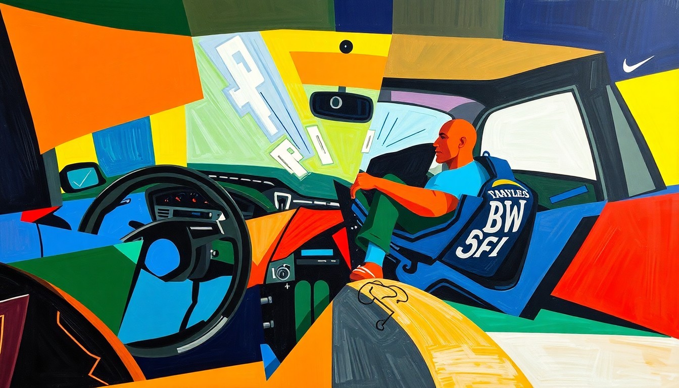 A fragmented, geometric painting depicting the chaotic moments of a car crash, with sharp planes of color and overlapping perspectives conveying the violent impact of the collision.