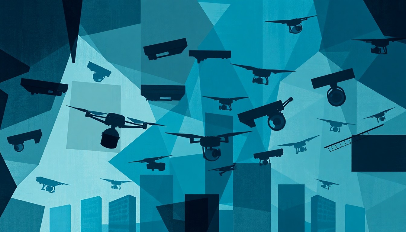 A dynamic, abstract painting featuring overlapping, fragmented shapes and lines in shades of blue, grey, and black, conceptually representing the complex web of surveillance technologies used by government agencies.