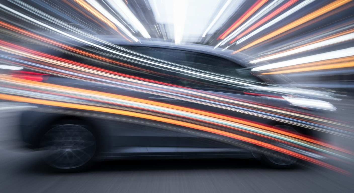 Heavily blurred streaks of bright colors representing the motion of an electric vehicle, conceptually illustrating the transition to sustainable transportation technologies.