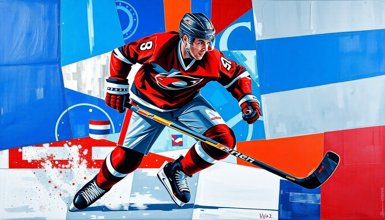 A fractured, multi-perspective painting depicting a hockey player in motion, broken down into sharp, overlapping geometric planes in vibrant colors like royal blue, crimson red, and metallic silver, conceptually representing the uncertainty surrounding a key player's injury status.