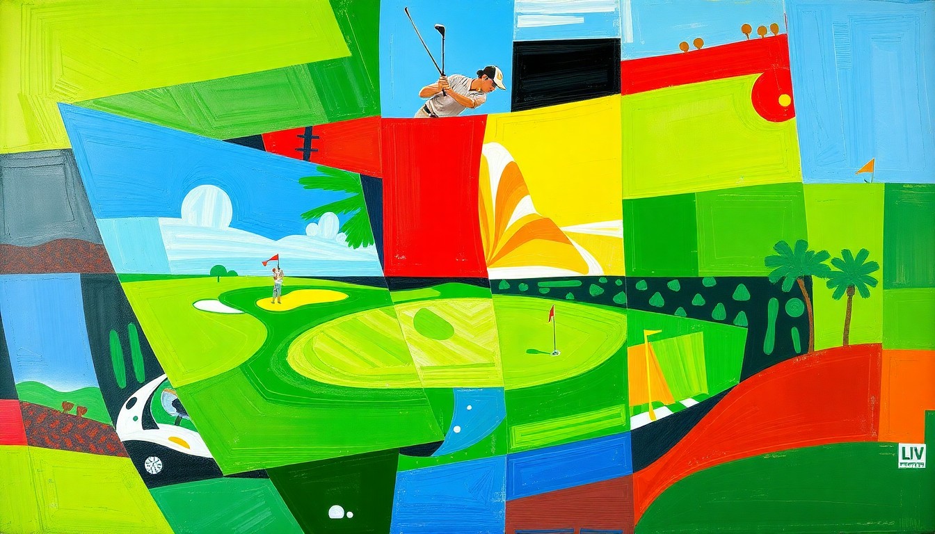 A cubist, geometric painting depicting a fractured, multi-angled view of a LIV Golf tournament scene, with vibrant colors and sharp, overlapping planes conveying the dynamic energy and uncertainty surrounding the league.