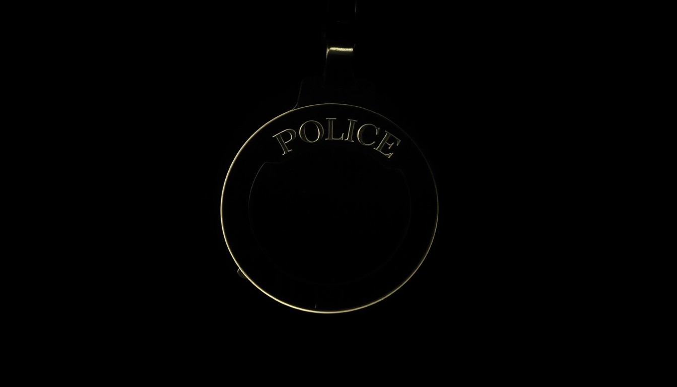 An extreme close-up photograph of a police badge or handcuffs lit by a harsh, direct camera flash against a pitch-black background, conveying a stark, gritty, and investigative mood around the police misconduct case.