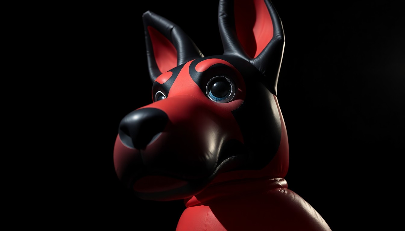 An extreme close-up photograph of the inflatable statue of a police K-9 officer, lit by a harsh flash against a dark background, creating a stark, gritty visual that conceptually represents the investigative and serious nature of the tribute.