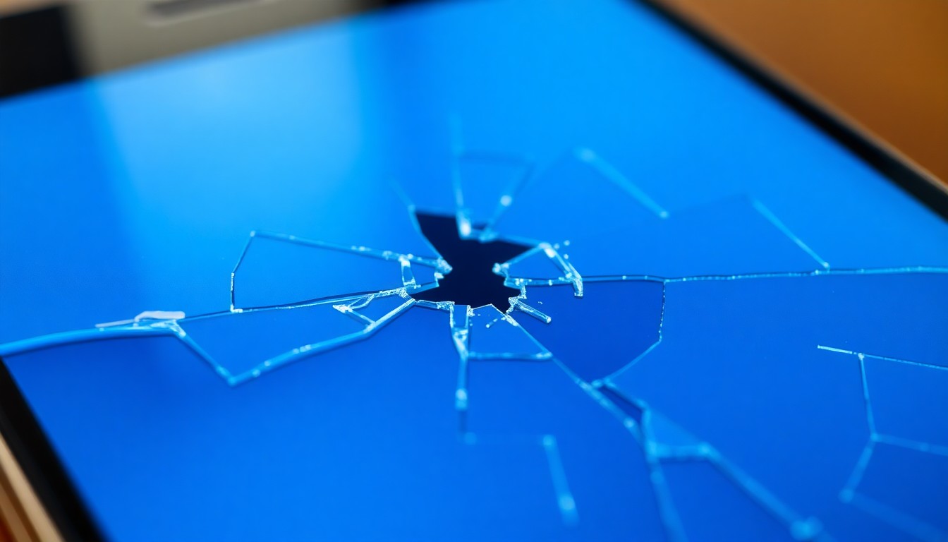 An extreme close-up of a cracked and shattered cell phone screen reflecting a faint blue light, conceptually representing the aftermath of a domestic violence incident.