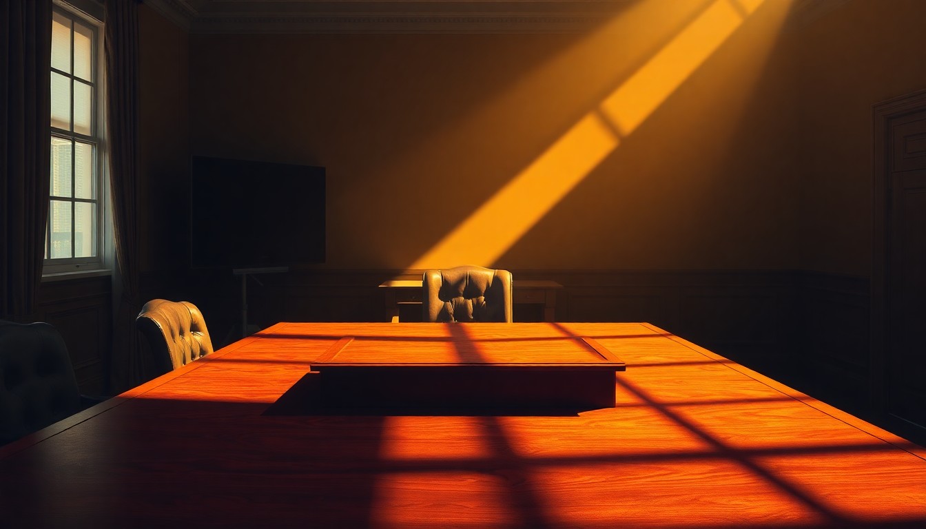 A quiet, cinematic painting of an empty congressional office desk, with warm sunlight streaming in through the window and deep shadows cast across the surface, conveying a sense of political disillusionment and the gravity of ethical breaches.