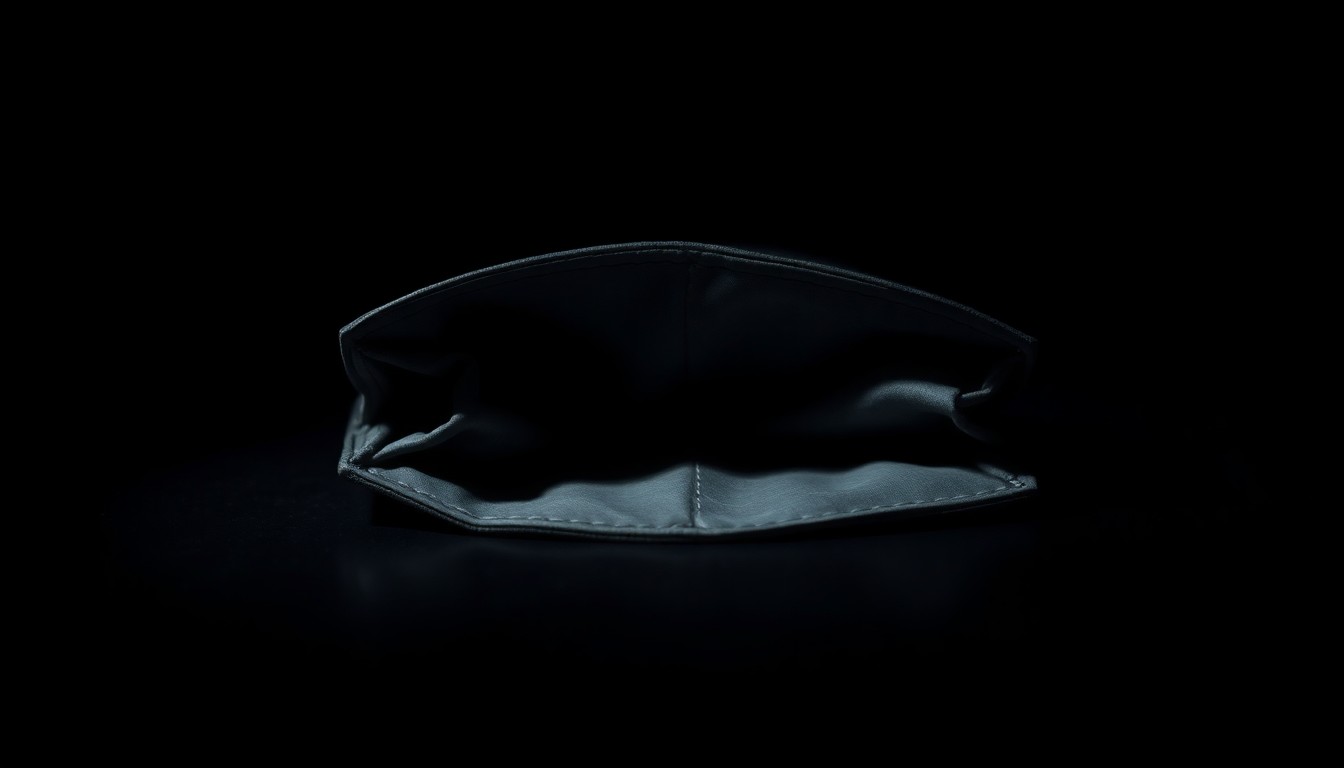 An extreme close-up photograph of a crumpled, empty wallet lying on a dark surface, conceptually illustrating the financial loss suffered by the victim of a scam.