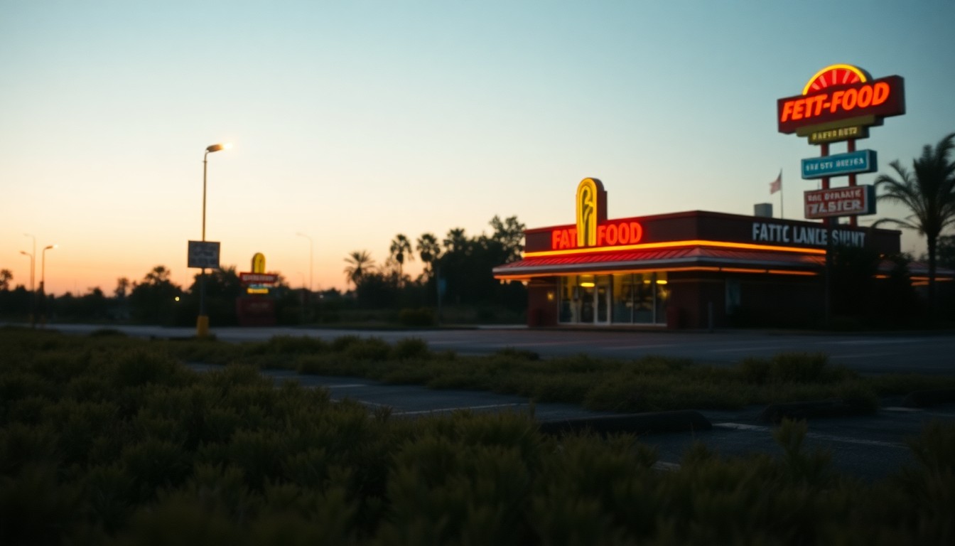 An abstract, out-of-focus photograph depicting the remains of a demolished fast-food restaurant, with warm pools of light creating a nostalgic and melancholy atmosphere.