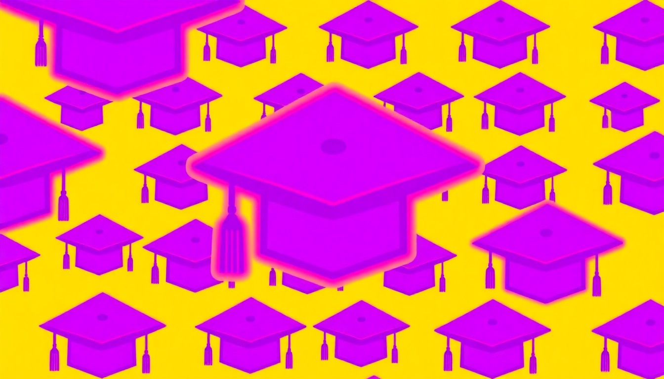 A bold, colorful silkscreen print featuring a repeated icon of a graduation cap in shades of pink, purple, and yellow, capturing the celebratory spirit of Trinity Johnson's academic accomplishments.