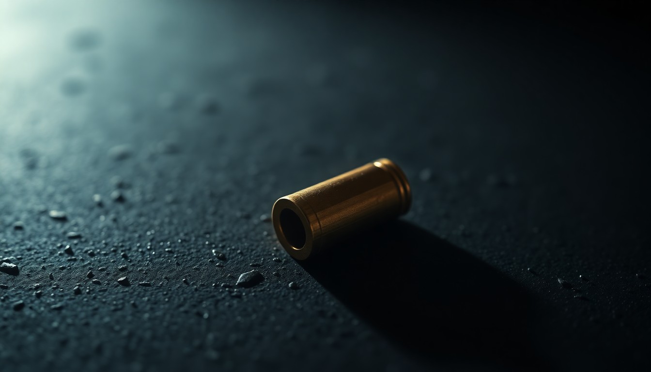 An extreme close-up photograph of a single bullet casing on a dark, textured surface, lit by a harsh, direct camera flash, conceptually representing the aftermath of a deadly shooting incident.
