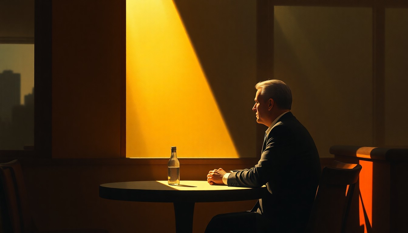 A photorealistic painting of a politician sitting alone at a restaurant table, the scene bathed in warm, golden light and deep shadows, capturing a contemplative, cinematic mood.