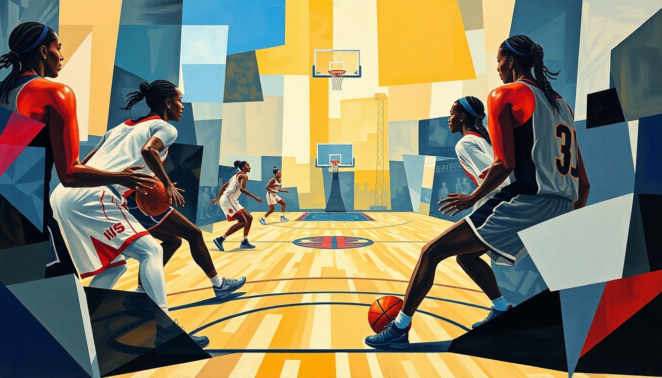 A cubist, geometric painting depicting a fragmented WNBA basketball game, with the players' forms broken down into abstract shapes and planes of color, representing the transition and change the Indiana Fever face after the departure of a key player.
