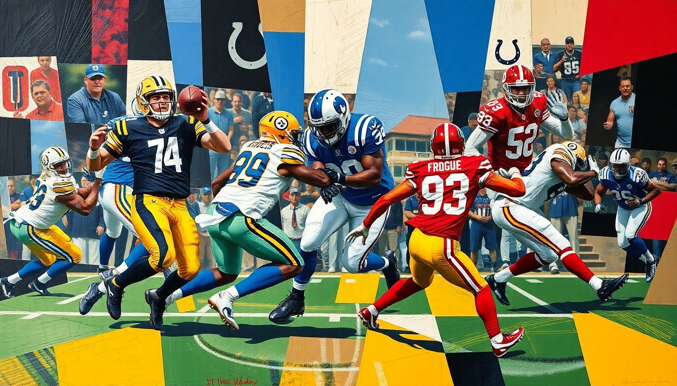 A cubist, geometric painting depicting fragmented football players and a football field in shades of black, gold, blue, and crimson, capturing the energy and movement of the game.