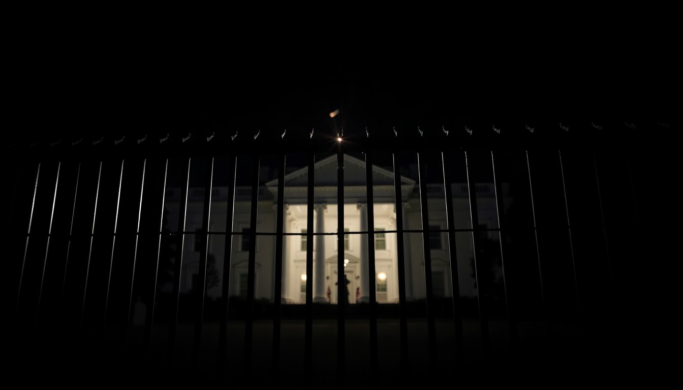 An extreme close-up photograph of a broken section of White House security fence, capturing the harsh, gritty details of the damaged metal in stark contrast against a dark background, conveying a sense of the gravity and urgency of the security incident.