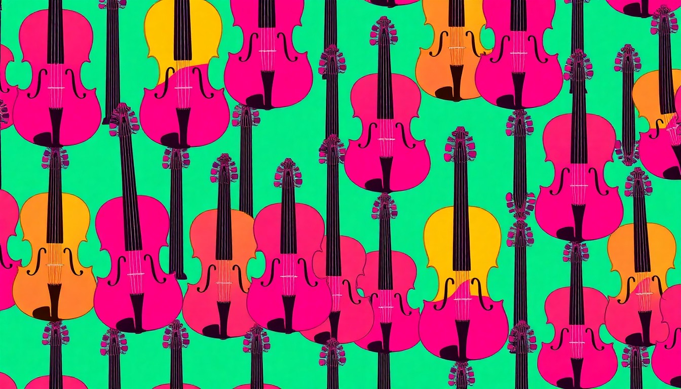 A bold, abstract silkscreen illustration featuring a repeated pattern of a single violin shape in a grid, rendered in a vibrant neon color palette with heavy black outlines, conceptually representing the musical instruments at the heart of the Violins of Hope project.