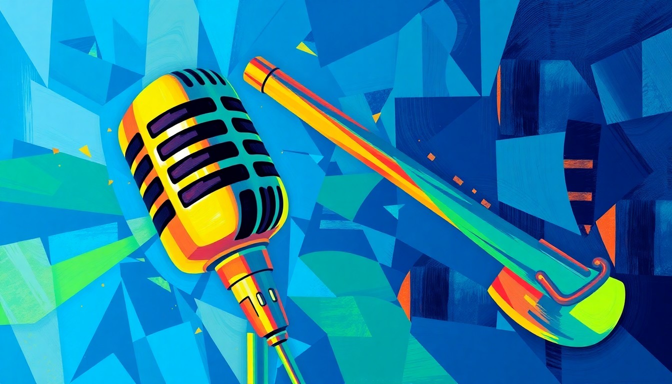 A dynamic, abstract painting featuring a microphone and gavel in overlapping, fractured geometric shapes and vibrant colors, conceptually representing the clash between comedy and politics.