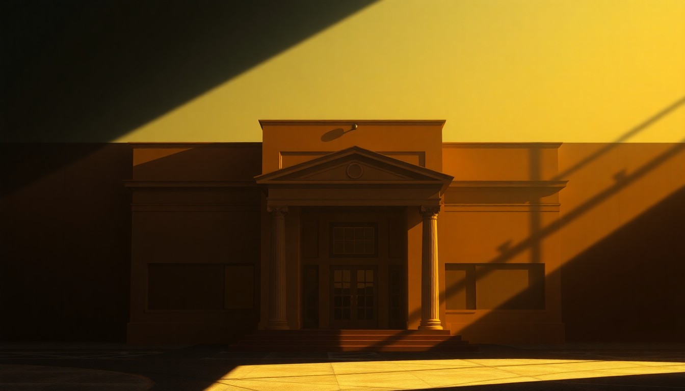 A serene, nostalgic painting of a government office building or legislative chamber, with warm lighting and deep shadows creating a contemplative, cinematic mood that evokes the political tensions over pension reform.