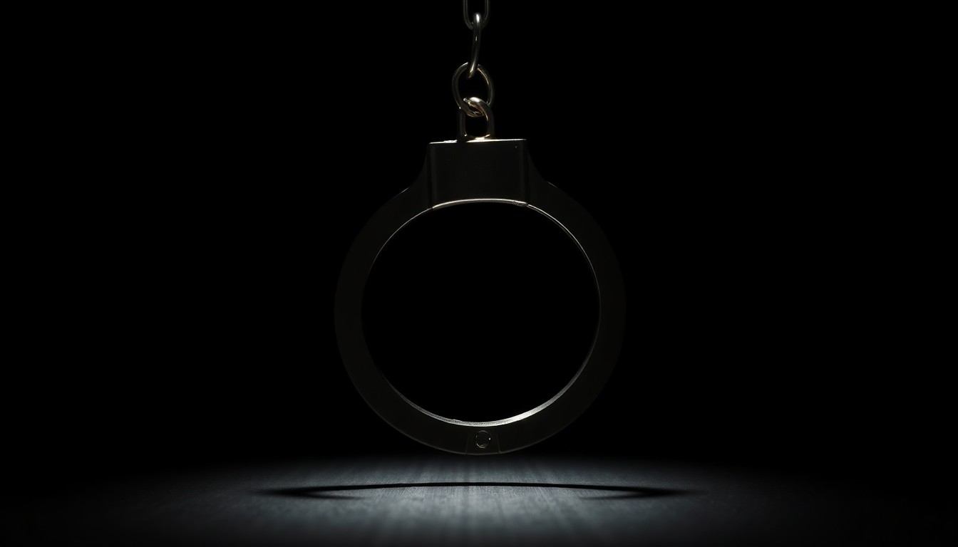 An extreme close-up photograph of a single handcuff against a pitch-black background, lit by a harsh, direct camera flash, conceptually representing the serious nature of the crime alleged against the former pageant director.