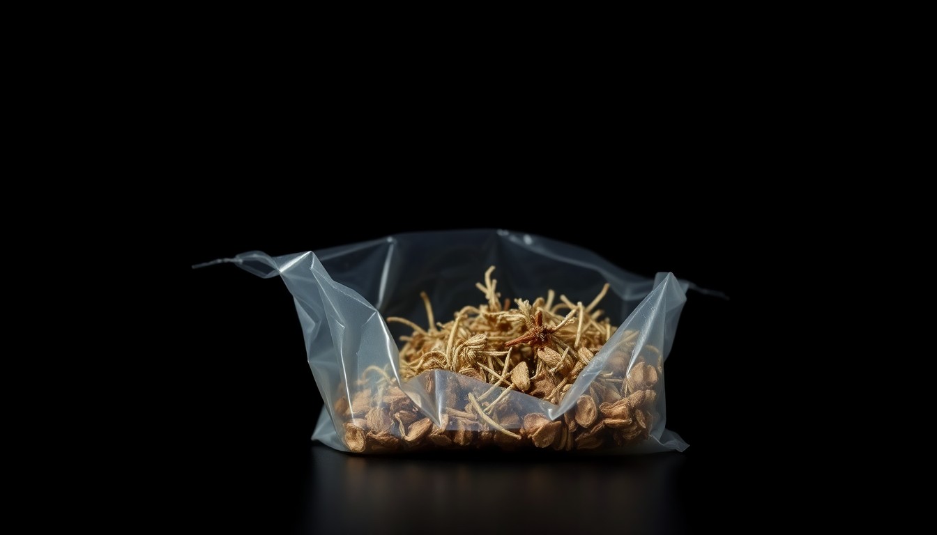 An extreme close-up photograph of a small plastic bag containing dried plant material, creating a stark, gritty, investigative aesthetic through the use of harsh, direct lighting.