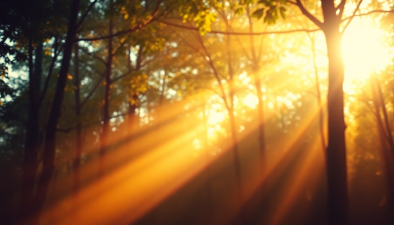 An abstract, impressionistic photograph of a forest interior, with soft, blurred rays of sunlight filtering through the trees and creating a warm, hazy atmosphere.