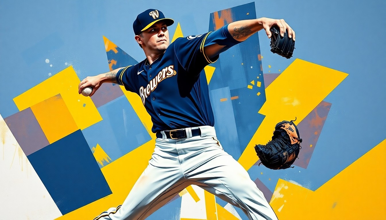 A cubist-style painting depicting the overlapping geometric forms and planes of a baseball pitcher's delivery, rendered in the Brewers' team colors of navy, gold, and white.