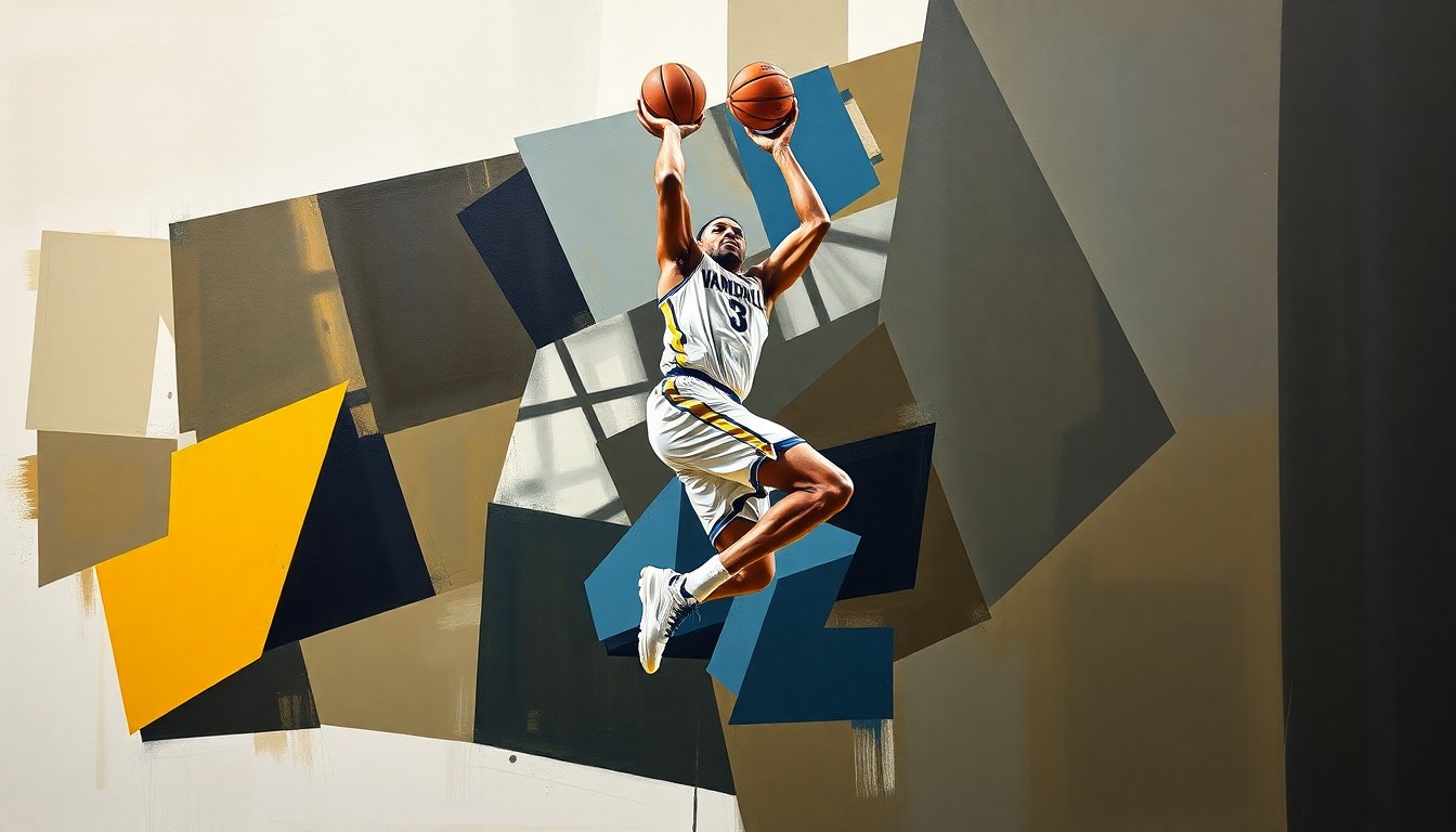 A fragmented, geometric painting depicting a Vanderbilt basketball player in mid-jump shot, the figure broken down into sharp, overlapping planes of color that convey a sense of energy and uncertainty.