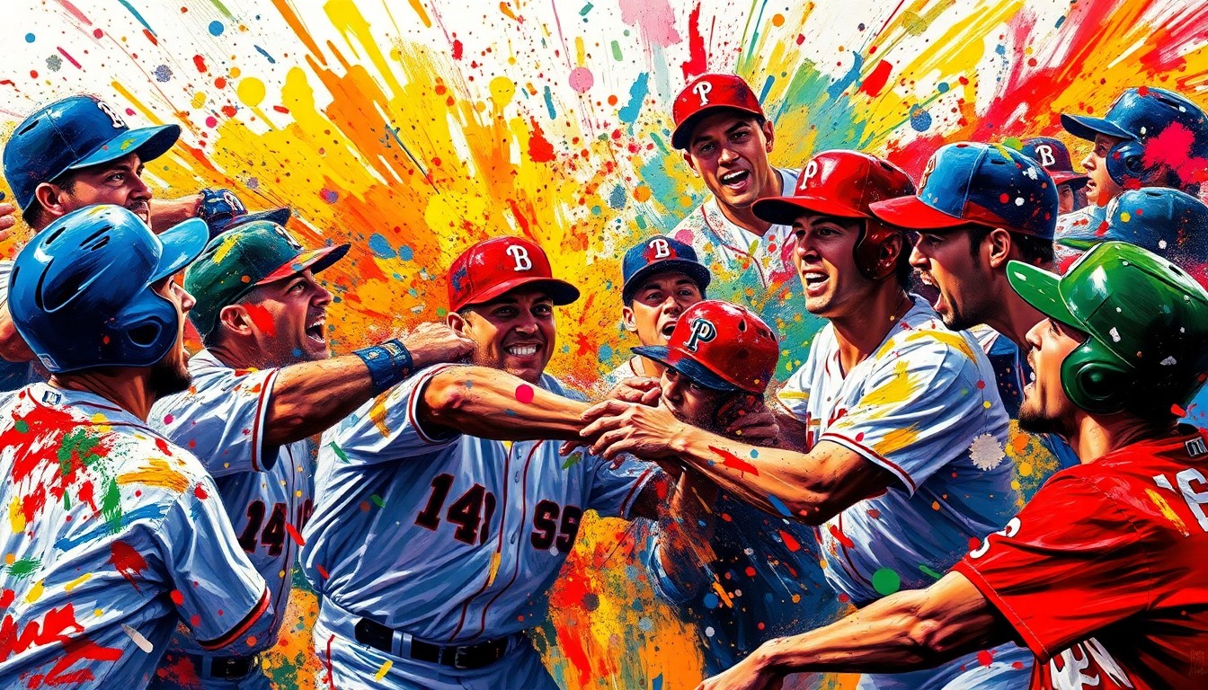 An abstract expressionist painting in vibrant neon colors, capturing the raw energy and physical movement of a dugout-clearing brawl between two baseball teams, with faces and uniforms dissolving into unrecognizable splatters of color.